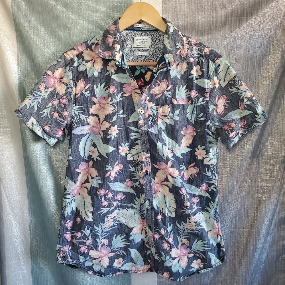 On The Road Mens Slim Fit Tropical Floral Short Sleeve Button Down‎ Shirt Navy M